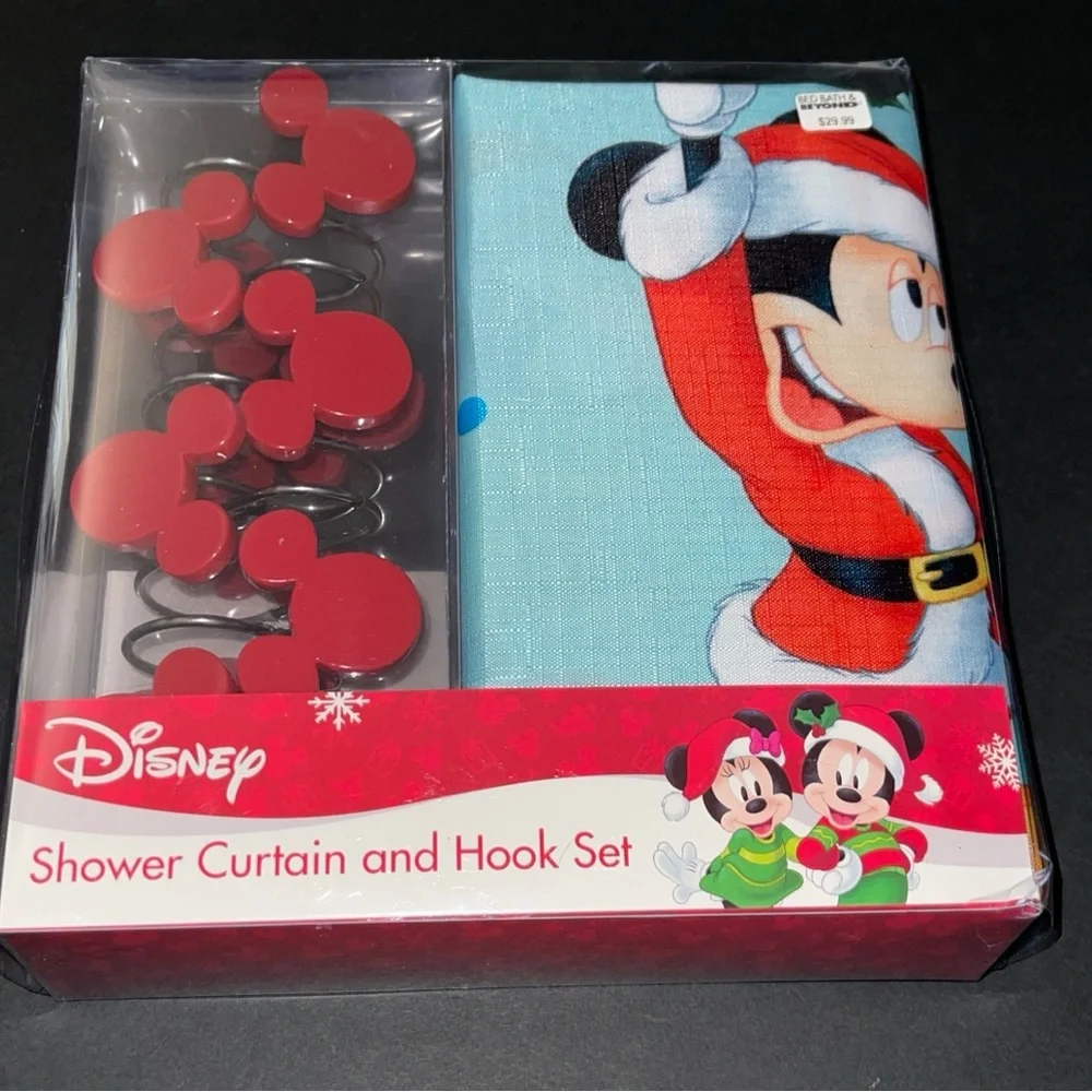New! Disney Minnie Mouse Holiday Shower Curtain Set - Red and Blue